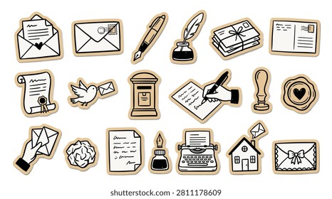 Hand drawn doodle mail and post elements set features envelopes, letters, fountain pen, ink bottle, quill pen, stack of mail, postcard, scroll, pigeon with letter, postbox, writing hand, wax seal, crumpled paper, paper documents, vintage typewriter, and house icon. communication themes.