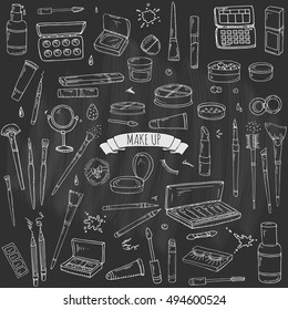 Hand drawn doodle Make up icons set. Vector illustration. Beauty symbols collection. Cartoon face care concept element: powder, mascara, pencil, eye liner, foundation, cream, lipstick, blush, cosmetic