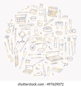 Hand drawn doodle Make up icons set. Vector illustration. Beauty symbols collection. Cartoon face care concept element: powder, mascara, pencil, eye liner, foundation, cream, lipstick, blush, cosmetic