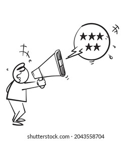 hand drawn doodle man holding megaphone with 5 star rating review feedback icon illustration isolated