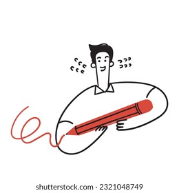 hand drawn doodle man holding big pencil illustration