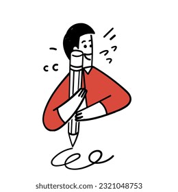 hand drawn doodle man holding big pencil illustration