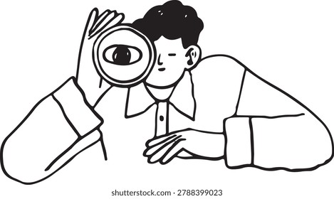 Hand drawn doodle of a man holding a magnifying glass, focusing on an eye. Black and white sketch style illustration.