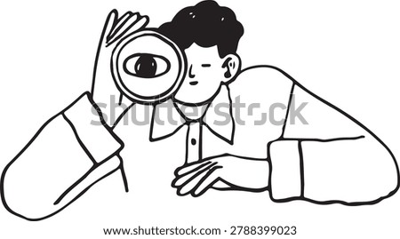 Hand drawn doodle of a man holding a magnifying glass, focusing on an eye. Black and white sketch style illustration.
