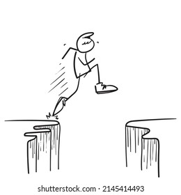 hand drawn doodle man jumping across the hill gap illustration vector