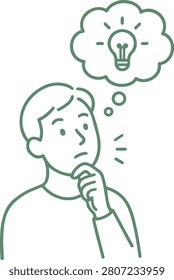 Hand drawn doodle man line drawing thinking process isolated transparent background. male outline drawing. question marks and light bulb idea bubble thought process