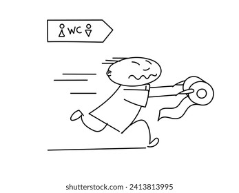 Hand drawn doodle of a man rushing to the toilet. A man runs to the WC with a roll of toilet paper in his hands.	
