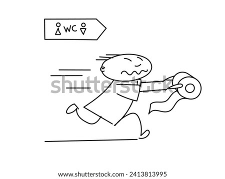 Hand drawn doodle of a man rushing to the toilet. A man runs to the WC with a roll of toilet paper in his hands.	