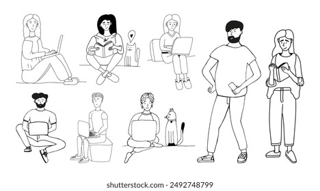 Hand drawn doodle man and woman with laptop and book. Work at home, freelance, online study