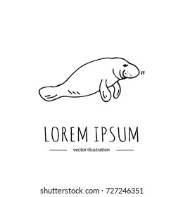 Hand drawn doodle Manatee icon isolated on white background. Vector illustration,Mammal related icon - Sea cow. Sketchy element. Cartoon aquatic underwater wild animal fin Tale 