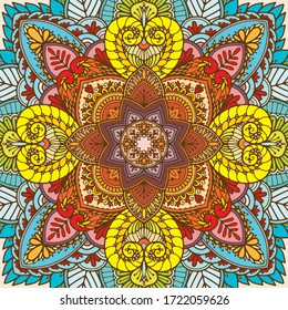 Hand Drawn Doodle Mandala. Floral mandala in ethnic style. Colorful illustration