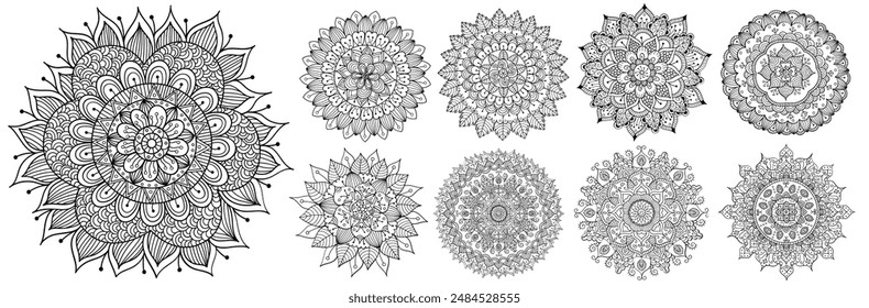 Handgezeichnetes Doodle Mandalas Paket. Blumige und abstrakte Mandalas große Kollektion für Malbuch. Kreis Ornamente Set Vektorillustration