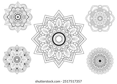 Hand drawn doodle mandalas bundle. Floral and abstract outline mandalas big collection for coloring book. Circle ornaments set vector line art illustration