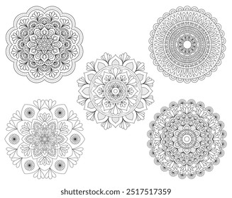 Hand drawn doodle mandalas bundle. Floral and abstract outline mandalas big collection for coloring book. Circle ornaments set vector line art illustration