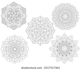 Hand drawn doodle mandalas bundle. Floral and abstract outline mandalas big collection for coloring book. Circle ornaments set vector line art illustration