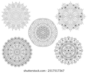 Feixe de mandíbulas desenhado à mão. Mandalas florais e abstratos como grande coleção para livro de colorir. Os ornamentos de círculo definem a ilustração da arte da linha do vetor