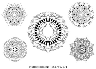 Hand drawn doodle mandalas bundle. Floral and abstract outline mandalas big collection for coloring book. Circle ornaments set vector line art illustration