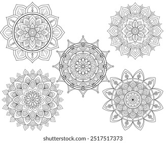 Hand drawn doodle mandalas bundle. Floral and abstract outline mandalas big collection for coloring book. Circle ornaments set vector line art illustration