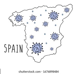 Hand drawn doodle map. Hand Drawn map of Spain with Coronavirus on it. Huge and small viruses are on canadian territory. Black stroke. 2019-nCoV Novel Coronavirus Bacteria. Vector medical