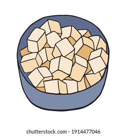 Hand drawn doodle mapo tofu. Chinese cuisine dish. Design sketch element for menu cafe, restaurant, label and packaging. Vector colorful illustration on a white background.