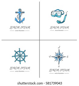 Hand drawn doodle Marine icons set. Vector illustration boat icons sea life concept elements Ship symbols collection Marine life Nautical design Underwater life animals Sea map Spyglass Magnifier
