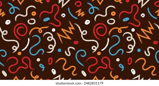 Hand drawn doodle marker shapes seamless pattern. Brush strokes squiggles and waves. Colored abstract vector illustration