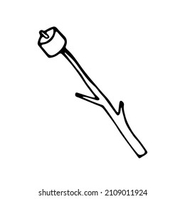 Hand drawn doodle marshmallow on branch. Frying on the fire. Vector camping clipart.