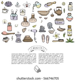 Hand drawn doodle Massage and Spa icons set Vector illustration relaxing symbols collection Cartoon beauty care concept elements health care Wellness treatment Body massage Lifestyle Skin care Spa