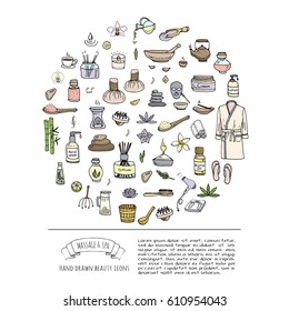 Hand drawn doodle Massage and Spa icons set Vector illustration relaxing symbols collection Cartoon beauty care concept elements health care Wellness treatment Body massage Lifestyle Skin care Spa