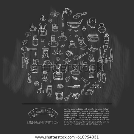 Hand drawn doodle Massage and Spa icons set Vector illustration relaxing symbols collection Cartoon beauty care concept elements health care Wellness treatment Body massage Lifestyle Skin care Spa