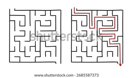 Hand drawn doodle maze with solution path in outline style, isolated on white background. Perfect for puzzles, activity books, kids games, and educational design.