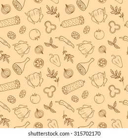 Hand drawn  doodle meal seamless background including sausage, peppers, onions, greens, chicken, tomato. Food pattern for your design