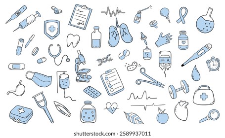 Hand drawn doodle medical icons set. Vector illustration. Health care symbols.