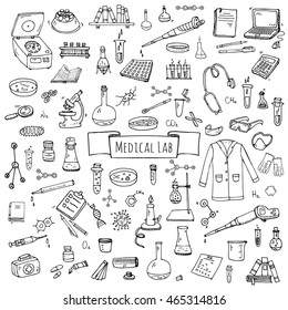 Hand drawn doodle Medical laboratory icons set. Vector illustration. Chemical lab symbol collection. Cartoon medicine and healthcare elements: research tools, substance and molecules, lab coat, mask