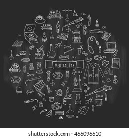 Hand drawn doodle Medical laboratory icons set. Vector illustration. Chemical lab symbol collection. Cartoon medicine and healthcare elements: research tools, substance and molecules, lab coat, mask
