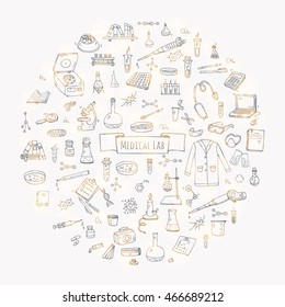 Hand drawn doodle Medical laboratory icons set. Vector illustration. Chemical lab symbol collection. Cartoon medicine and healthcare elements: research tools, substance and molecules, lab coat, mask