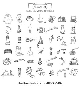 Hand drawn doodle Medical laboratory icons set. Vector illustration. Chemical lab symbol collection. Cartoon medicine and healthcare elements: research tools, substance and molecules, lab coat, mask