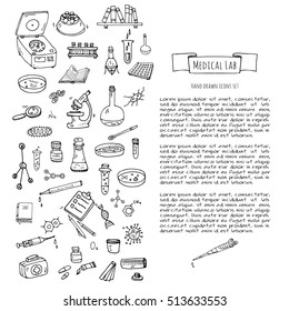 Hand drawn doodle Medical laboratory icons set. Vector illustration. Chemical lab symbol collection. Cartoon medicine and healthcare elements: research tools, substance and molecules, lab coat, mask