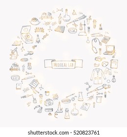 Hand drawn doodle Medical laboratory icons set. Vector illustration. Chemical lab symbol collection. Cartoon medicine and healthcare elements: research tools, substance and molecules, lab coat, mask
