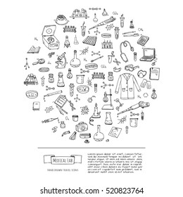 Hand drawn doodle Medical laboratory icons set. Vector illustration. Chemical lab symbol collection. Cartoon medicine and healthcare elements: research tools, substance and molecules, lab coat, mask