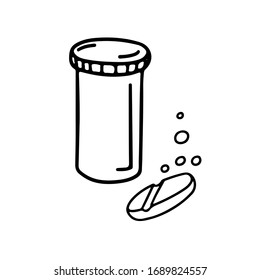 Hand drawn doodle medicine pills, tablet, capsule and package bottle isolated on white background. Pills vector illustration. Health and care. Design for clinics, hospitals, pharmacies, medical poster