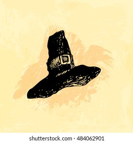 Hand drawn doodle medieval hat. Black illustration, yellow watercolor background.