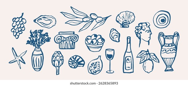 Hand drawn doodle mediterranean elements collection