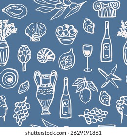 Hand drawn doodle mediterranean seamless pattern