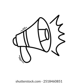 Hand Drawn Doodle Megaphone Illustration. Cute Black Outline Speaker Sticker Clip Art Icon on White Background Vector EPS 10