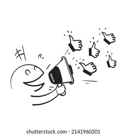 hand drawn doodle megaphone with thumb up gesture symbol for like illustration