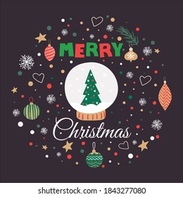 Hand Drawn Doodle Merry Christmas Card. Snowball with Christmas tree. White Stars Snow Flakes Baby Blue Background. Lettering.