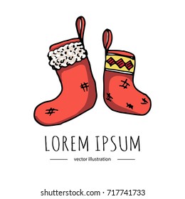Hand drawn doodle Merry Christmas related icon - Stockings. Vector illustration. Holiday symbol. Cartoon sketch element: colorful christmas Stockings decoration isolated on white background