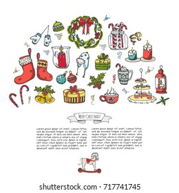 Hand drawn doodle Merry Christmas icons set. Sketchy vector illustration elements. Candles gift boxes christmas tree wreath stocking candy cane bells holly decoration  Merry Christmas