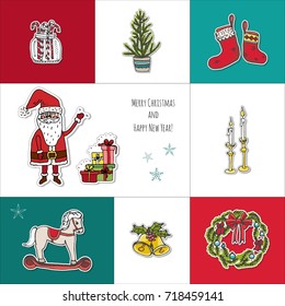 Hand drawn doodle Merry Christmas icons set. Sketchy vector illustration elements. Candles gift boxes christmas tree wreath stocking candy cane bells holly decoration  Merry Christmas, Santa Claus